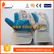 Double Palm Reinforced Blue Leather Palm White Cotton Back Rubberized Cuff Half Lining Ab Grade Working Safety Glove (DLC328)